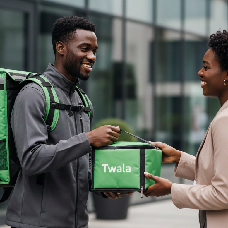 Twala delivery rider handing food to customer